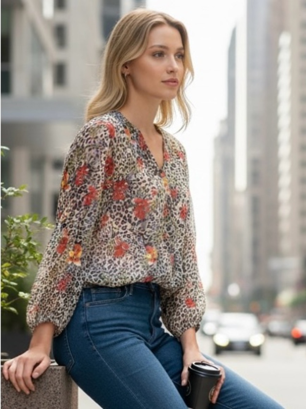 I.N. Studio Petite M Floral Leopard Print V-Neck Blouse Neutral with Red Accents